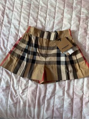 Burberry Tan, Black & Red Check Pleated Girls Shorts